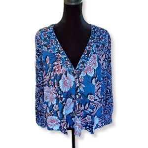 NWT Band of the Free Josie Sapphire Mixed Print Long Sleeve Top Sz S